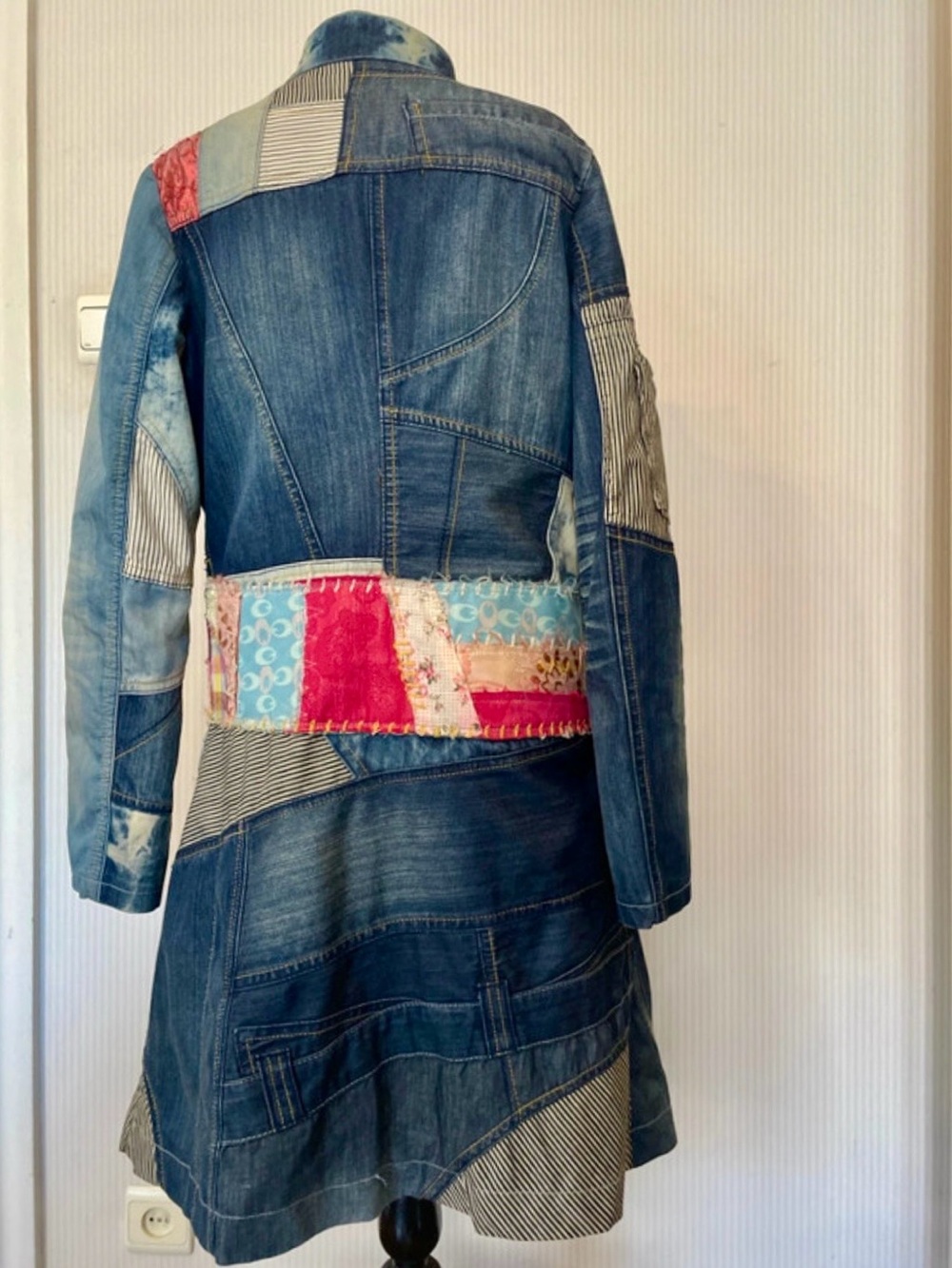 Desigual Patchwork Denim Coat in Light & Dark Blues, Collage & Colorful Buttons - Picture 3 of 14
